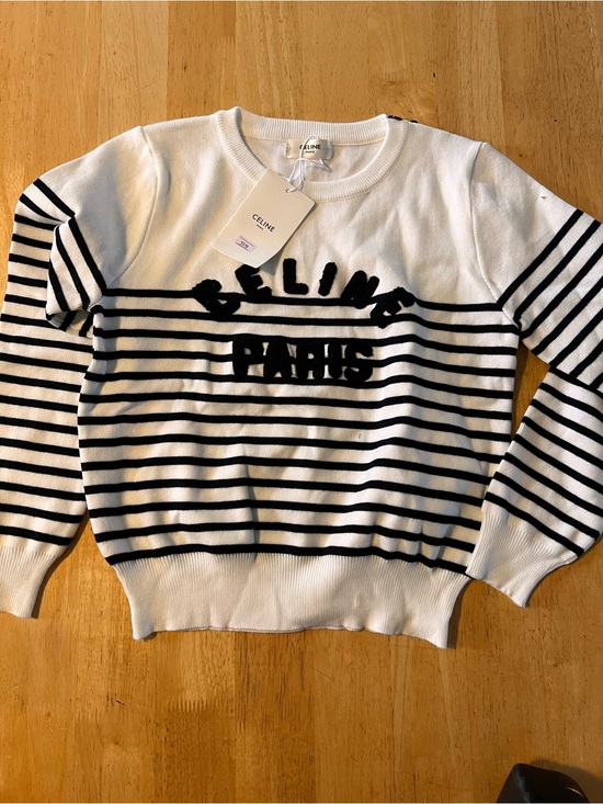 Celine Sweaters - Celine White & Black Striped 'Paris' Knit Sweater